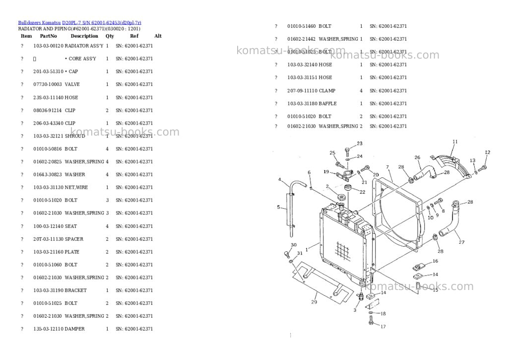 Komatsu D20PL-7 S/N 62001-62453 Parts catalog cover