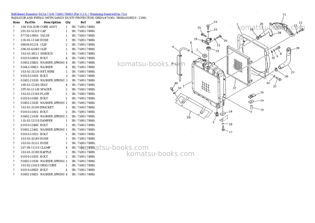Komatsu D21A-7 S/N 75001-78603 (For C.I.S. / Trimming Dozer) Parts catalog cover
