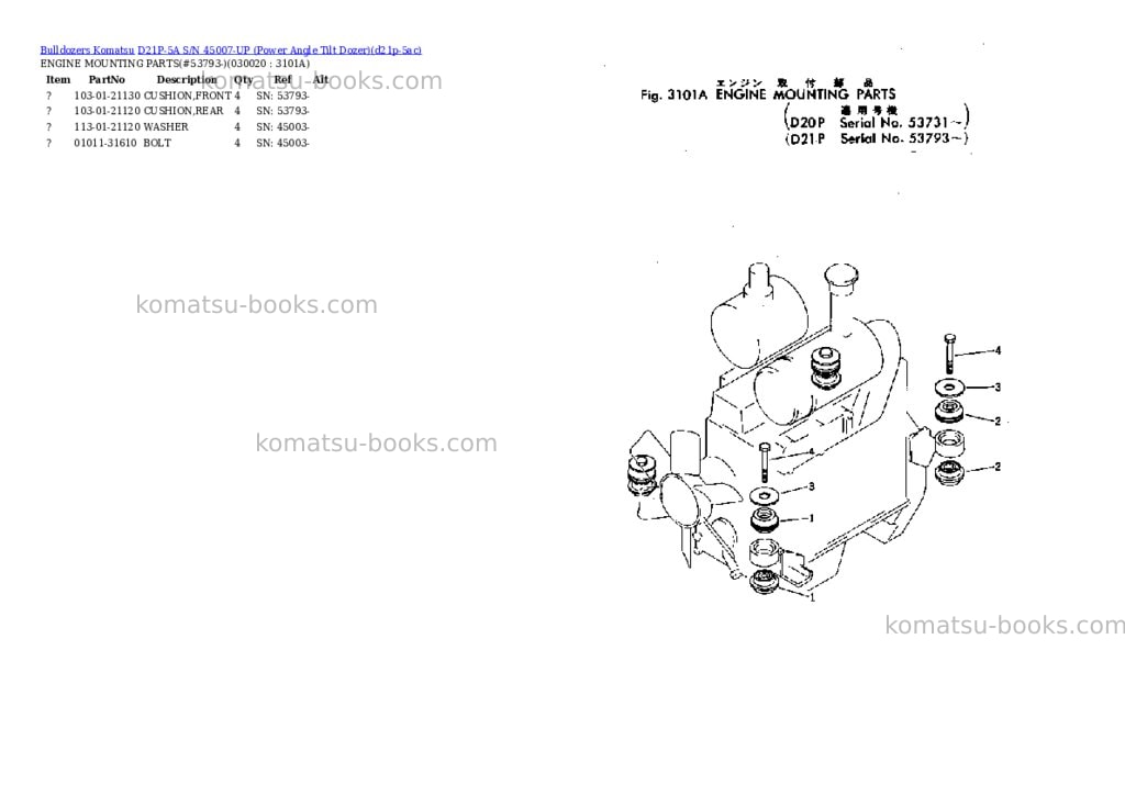 Komatsu d21p-5a s/n 45007-up power angle tilt dozer Parts catalog cover