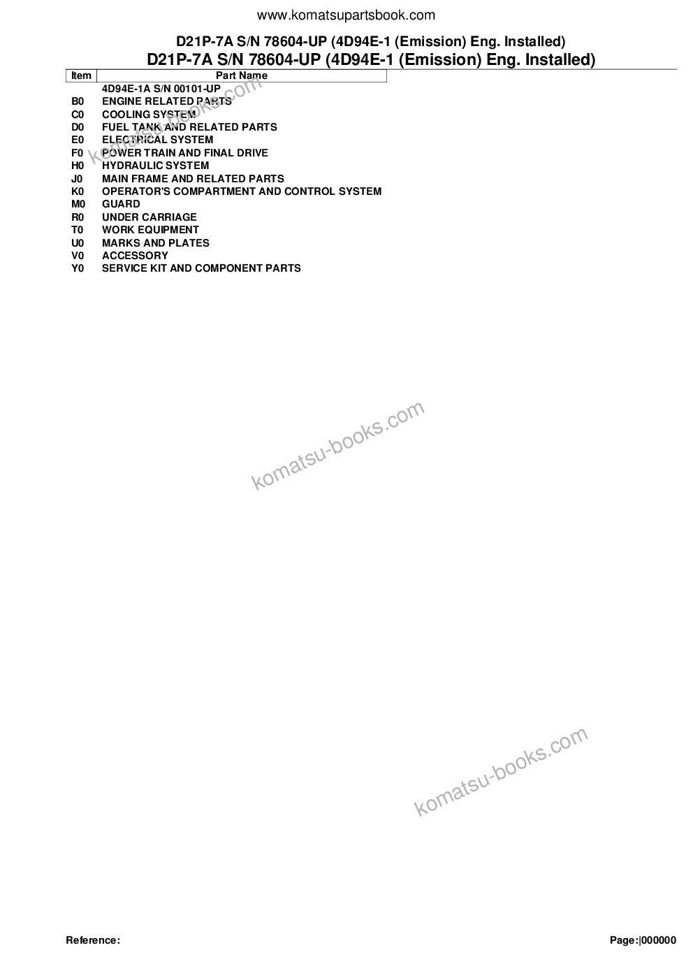 Komatsu d21p-7a s/n 78604-up 4d94e-1 emission eng. installed Parts catalog cover