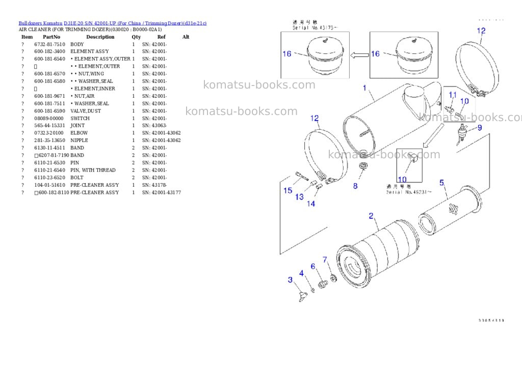 Komatsu D31E-20 S/N 42001-UP (For China / Trimming Dozer) Parts catalog cover
