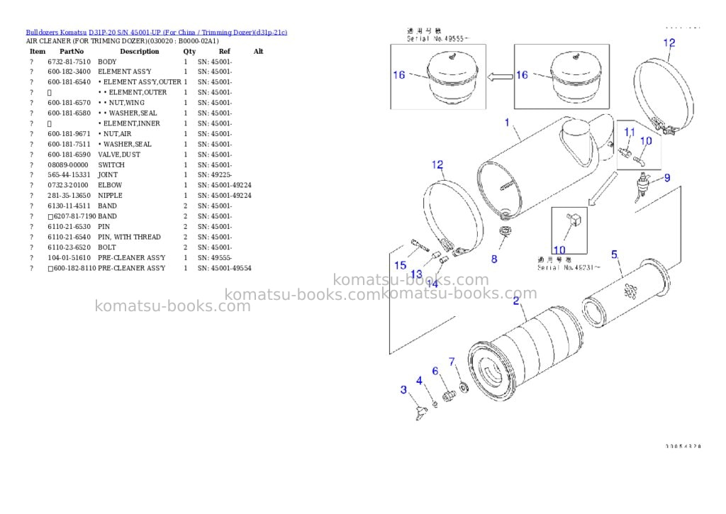 Komatsu D31P-20 S/N 45001-UP (For China / Trimming Dozer) Parts catalog cover