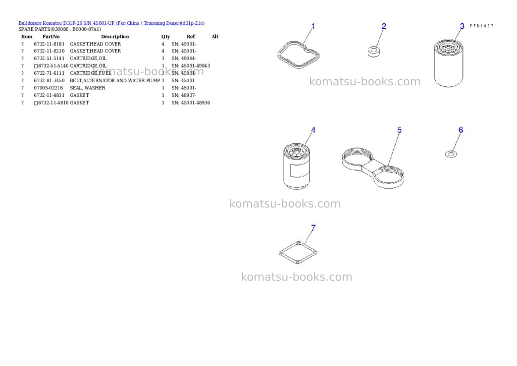 Komatsu D31P-20 S/N 45001-UP (For China / Trimming Dozer) Parts catalog cover Page 7