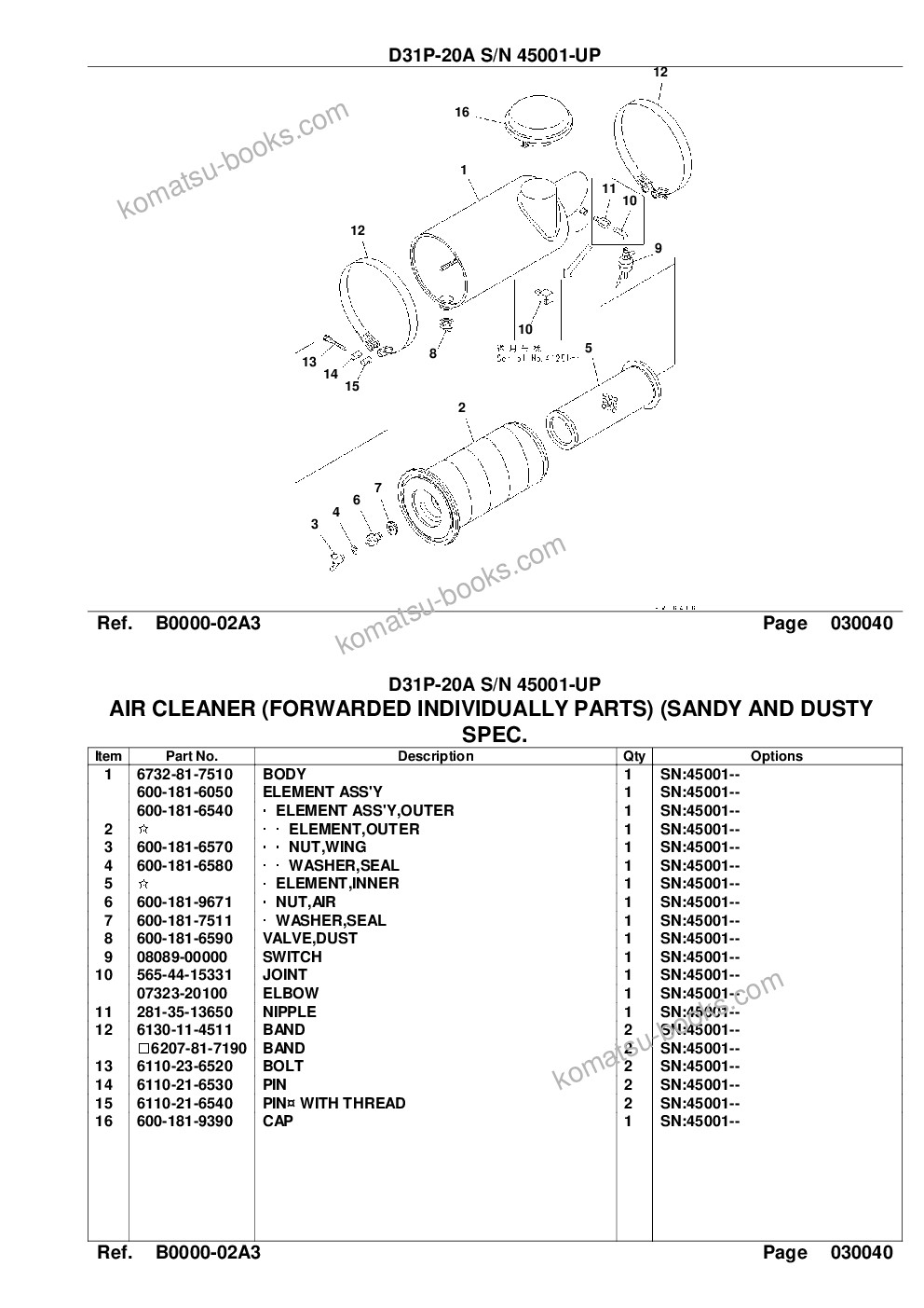 Komatsu d31p-20a s/n 45001-up power angle tilt dozer Parts catalog cover Page 6
