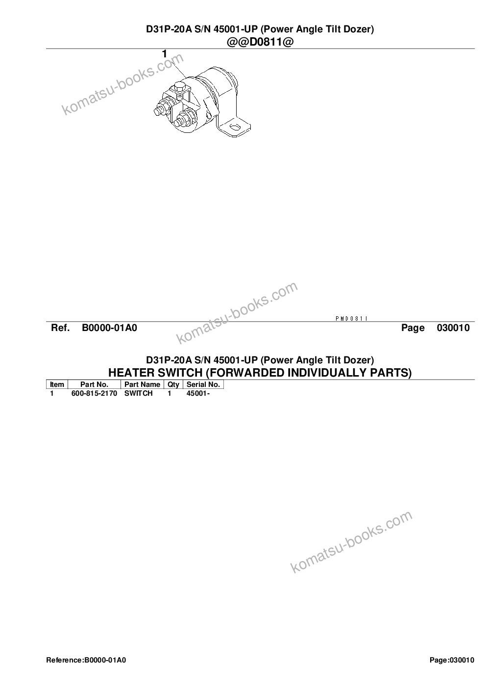 Komatsu D31P-20A S/N 45001-UP (Power Angle Tilt Dozer) Parts catalog cover Page 3
