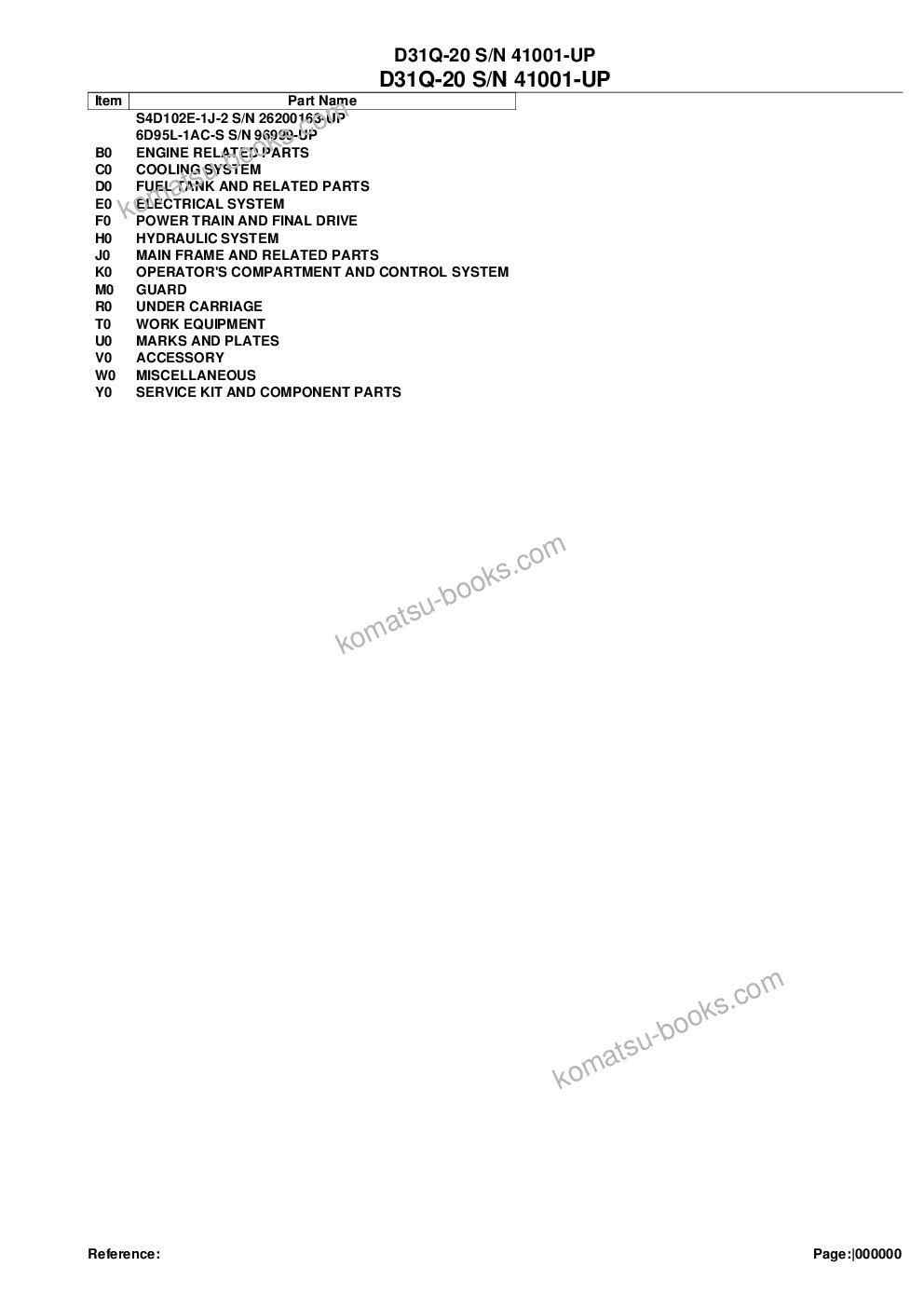 Komatsu d31q-20 s/n 41001-up Parts catalog cover