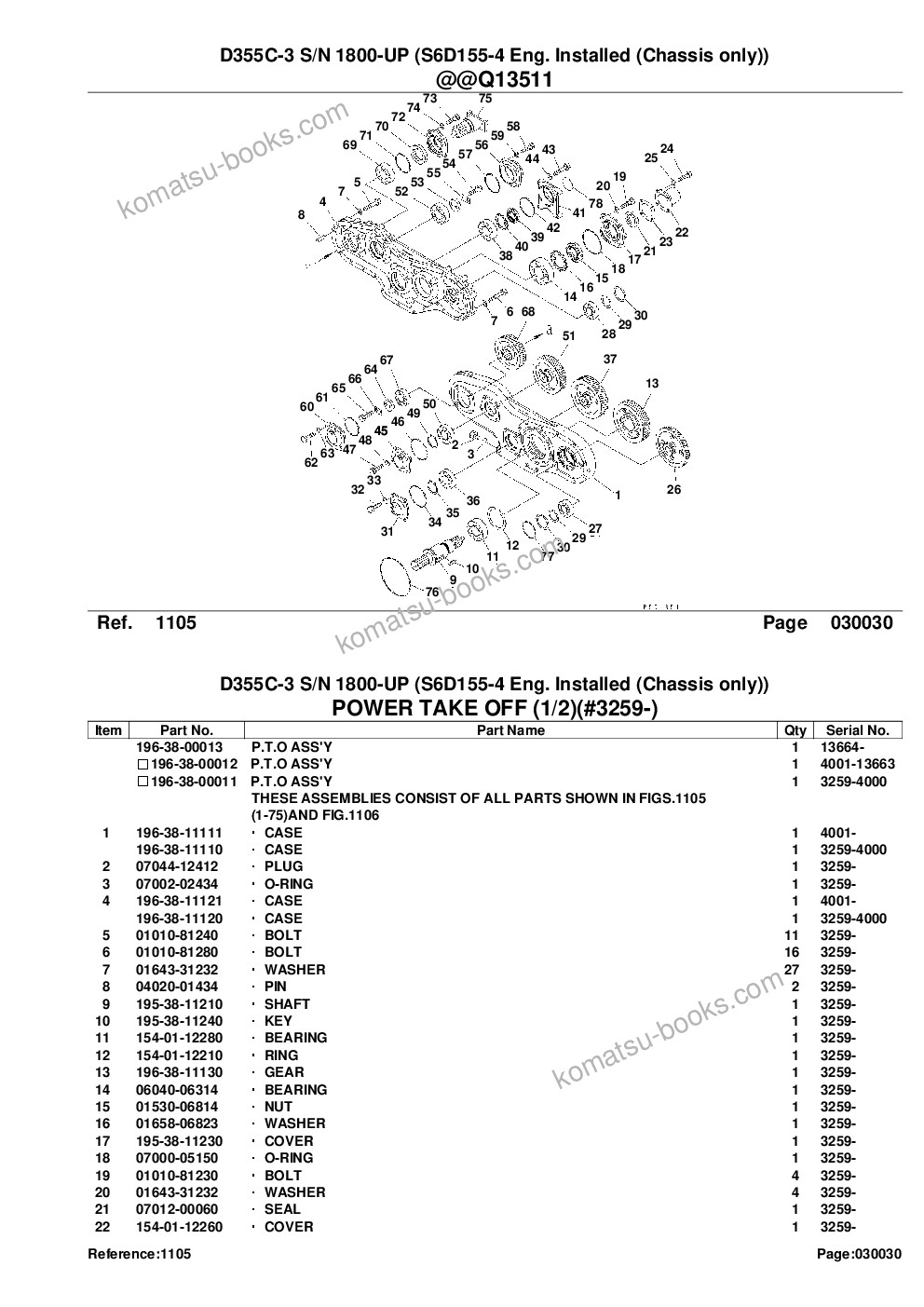Komatsu d355c-3 s/n 1800-up s6d155-4 eng. installed chassis only Каталог запчастей обложка Страница 5