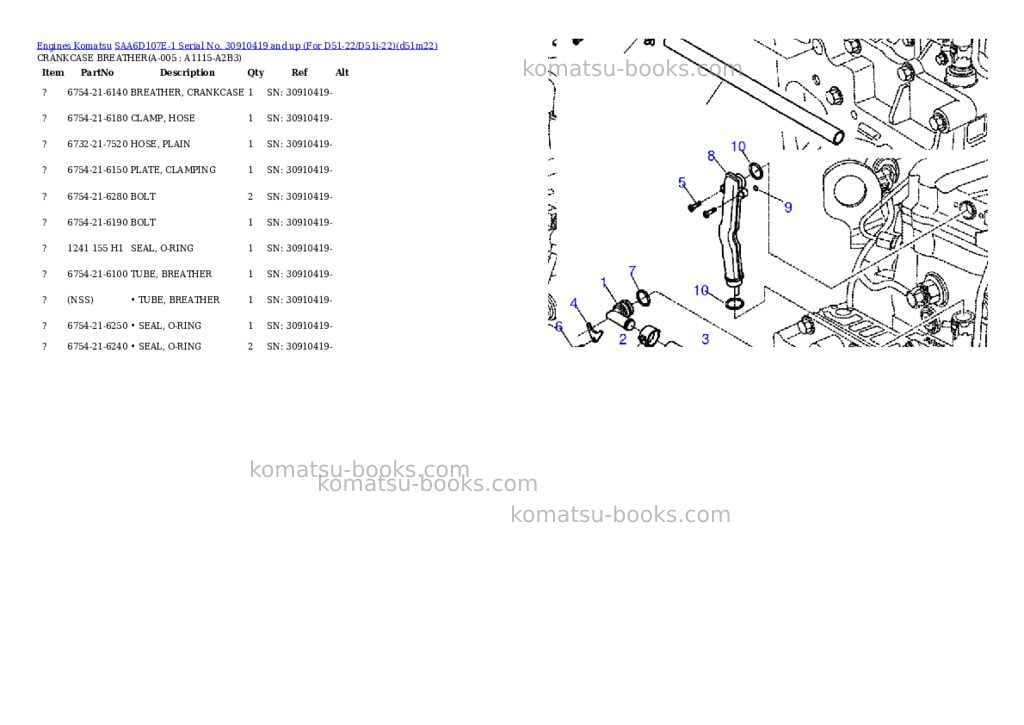 Komatsu SAA6D107E-1 Serial No. 30910419 and up (For D51-22/D51i-22) Parts catalog cover Page 2 Komatsu SAA6D107E-1 Serial No. 30910419 and up (For D51-22/D51i-22) Parts catalog cover Page 2