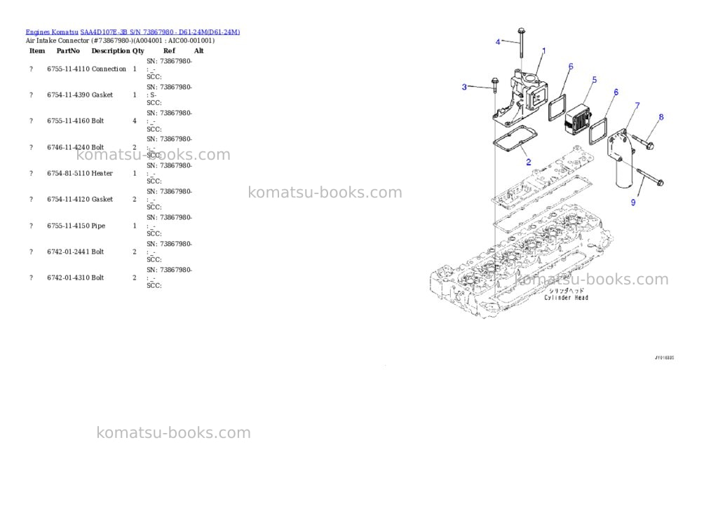 Komatsu saa4d107e-3b s/n 73867980 - d61-24m Parts catalog cover Page 3