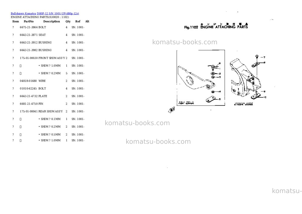 Komatsu d80p-12 s/n 1001-up Parts catalog cover