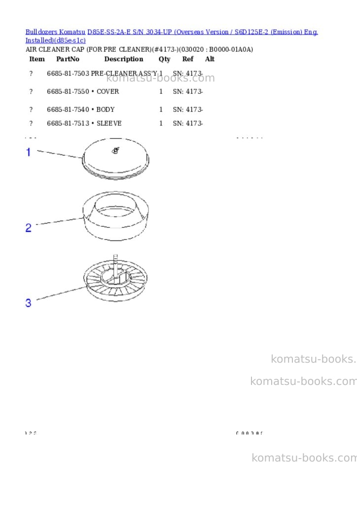 Komatsu d85e-ss-2a-e s/n 3034-up overseas version / s6d125e-2 emission eng. installed Parts catalog cover