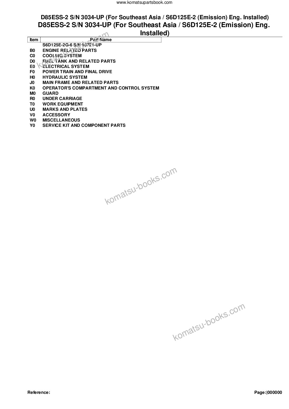 Komatsu d85ess-2 s/n 3034-up for southeast asia / s6d125e-2 emission eng. installed Parts catalog cover