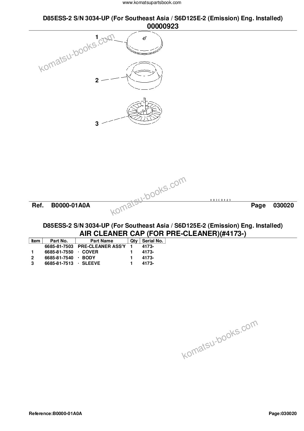 Komatsu d85ess-2 s/n 3034-up for southeast asia / s6d125e-2 emission eng. installed Parts catalog cover Page 4