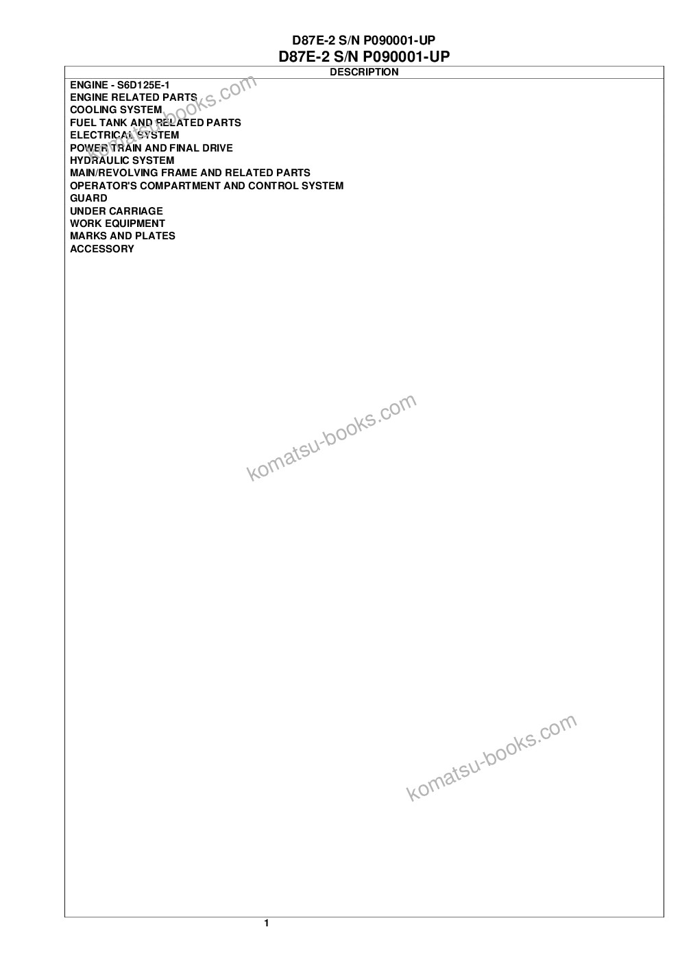 Komatsu d87e-2 s/n p090001-up Parts catalog cover Page 2