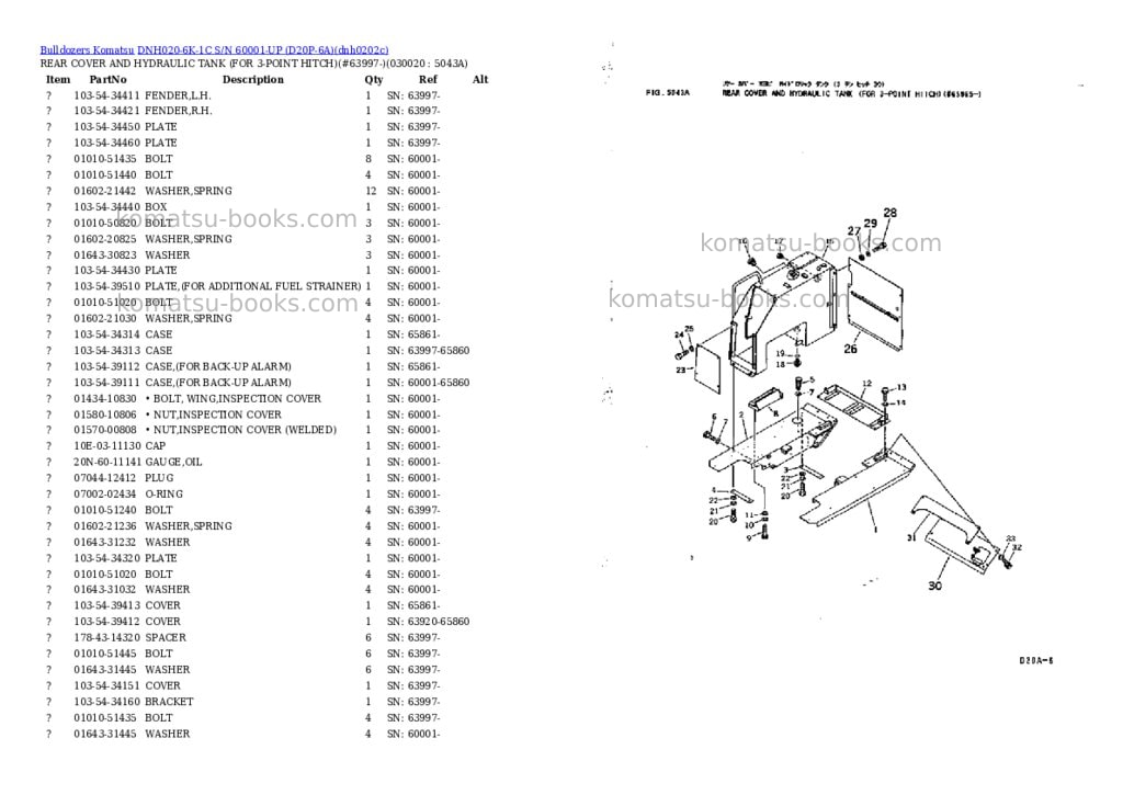 Komatsu dnh020-6k-1c s/n 60001-up d20p-6a Parts catalog cover