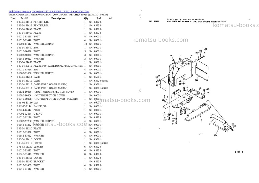 Komatsu dnh020-6k-1t s/n 60001-up d21p-6a Parts catalog cover