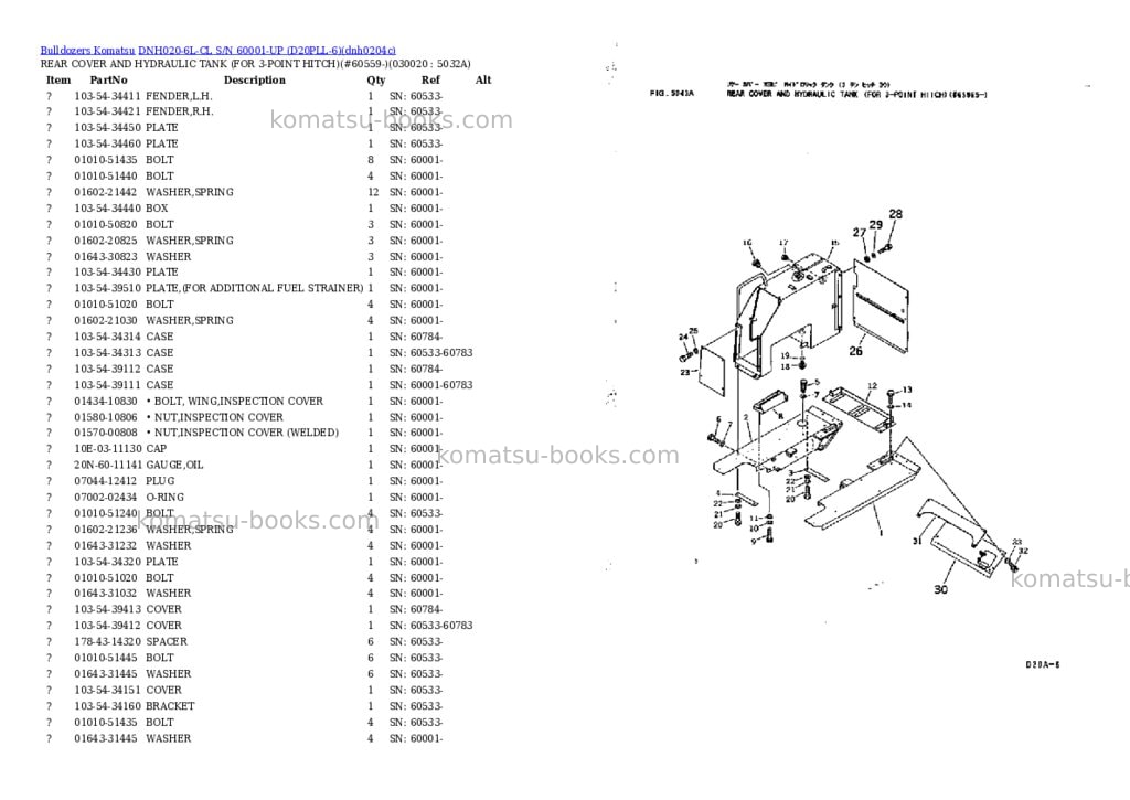 Komatsu dnh020-6l-cl s/n 60001-up d20pll-6 Parts catalog cover