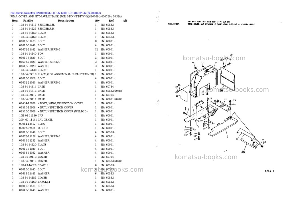 Komatsu dnh020-6l-lc s/n 60001-up d20pl-6 Parts catalog cover
