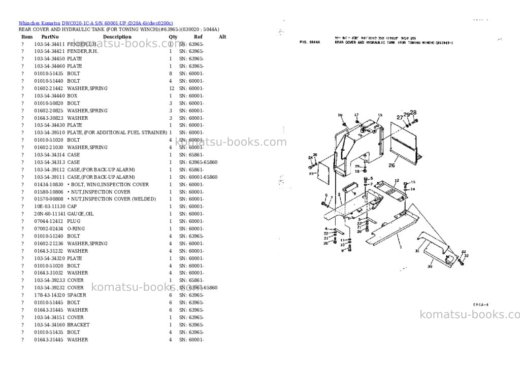 Komatsu dwc020-1c-a s/n 60001-up d20a-6 Parts catalog cover