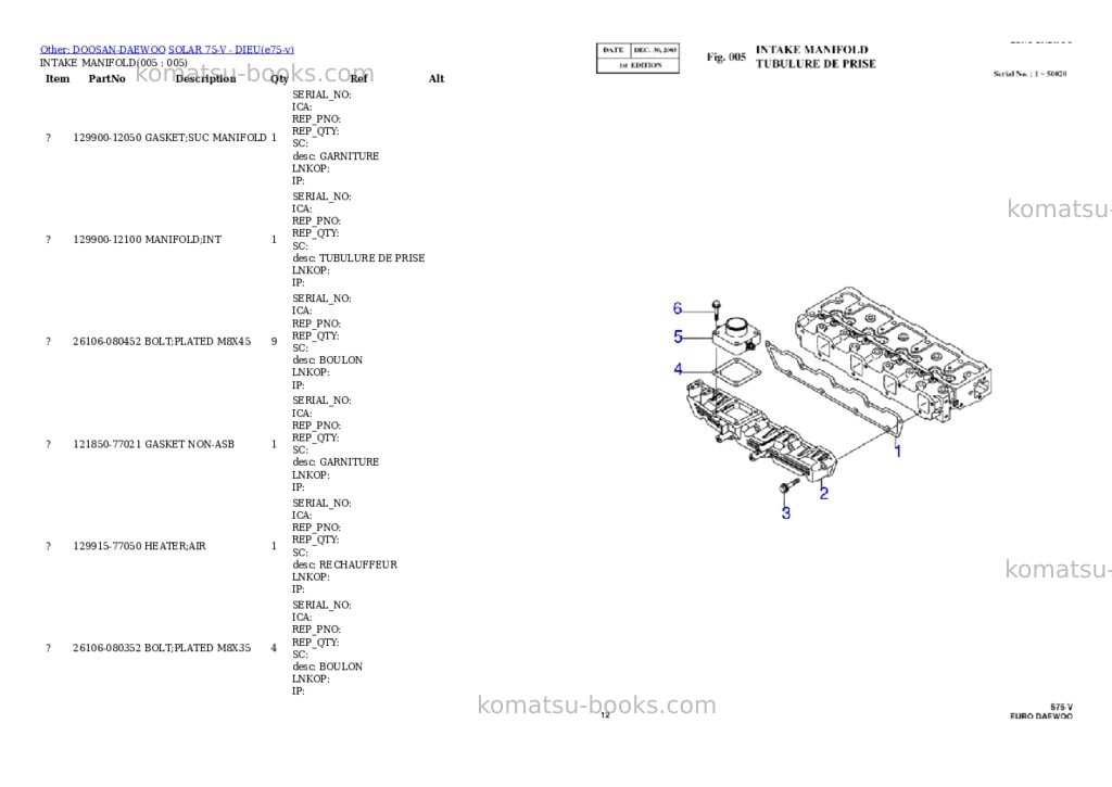 Komatsu SOLAR 75-V - DIEU Parts catalog cover Page 5