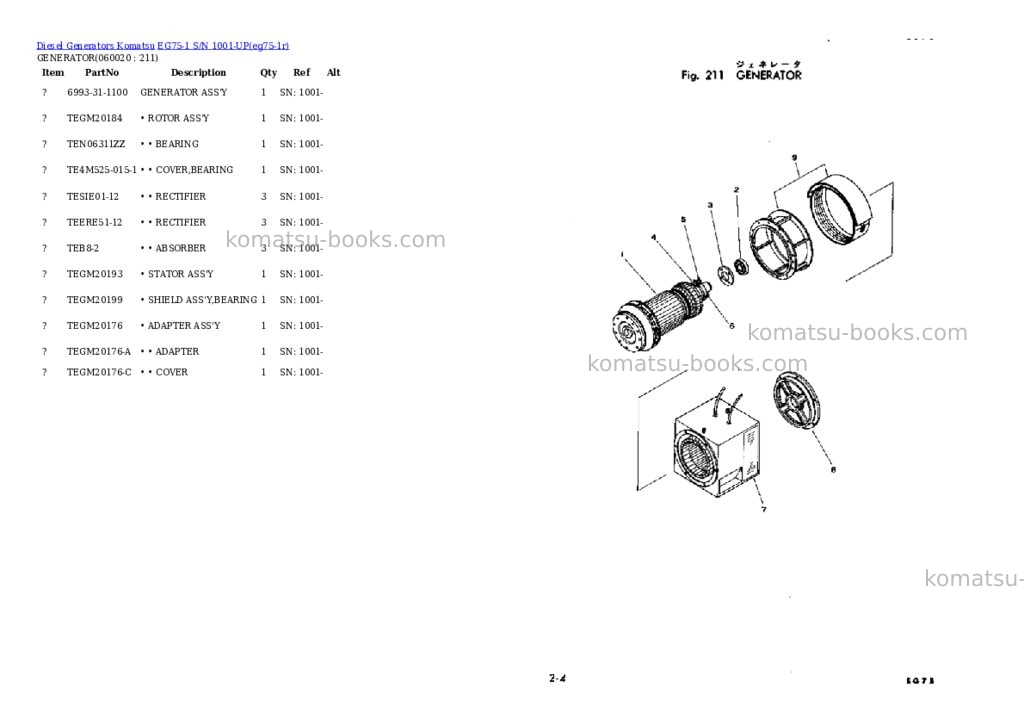 Komatsu eg75-1 s/n 1001-up Parts catalog cover Page 8