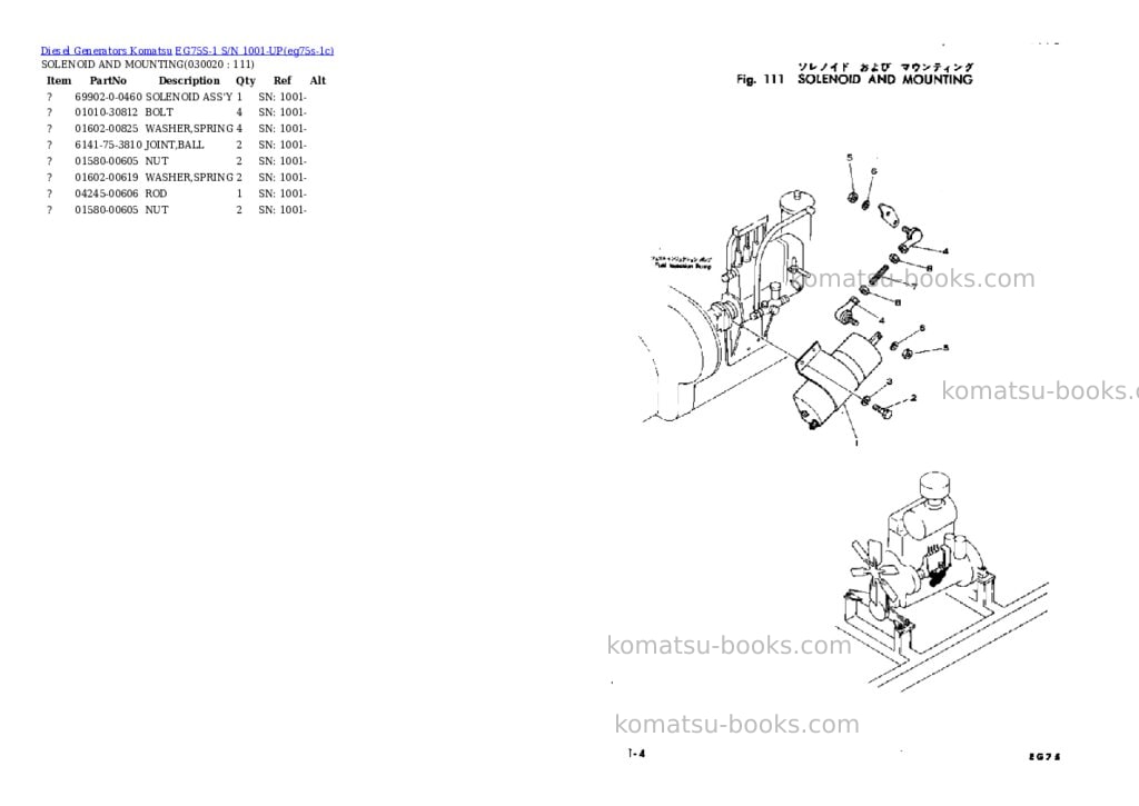 Komatsu EG75S-1 S/N 1001-UP Parts catalog cover