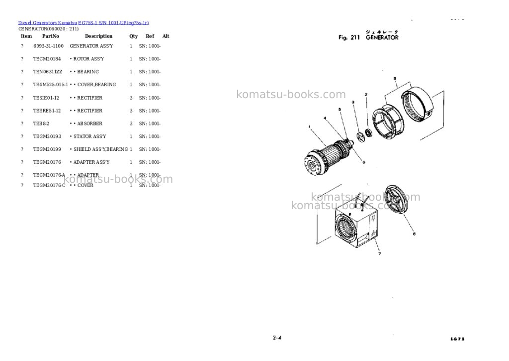Komatsu eg75s-1 s/n 1001-up Parts catalog cover Page 8