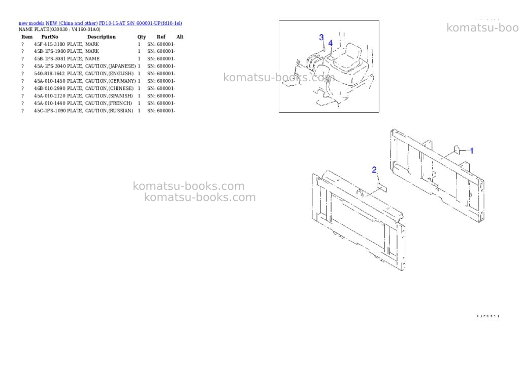 Komatsu FD10-15-AT S/N 600001-UP Parts catalog cover Page 2 Komatsu FD10-15-AT S/N 600001-UP Parts catalog cover Page 2