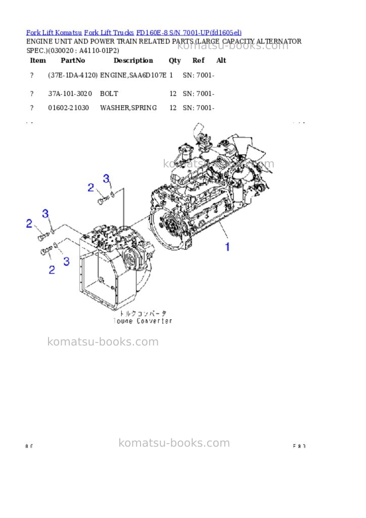 Komatsu fd160e-8 s/n 7001-up Parts catalog cover
