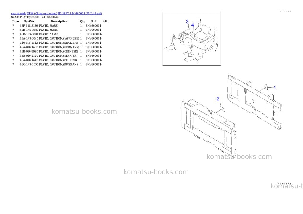 Komatsu FD18-AT S/N 600001-UP Parts catalog cover Page 2 Komatsu FD18-AT S/N 600001-UP Parts catalog cover Page 2