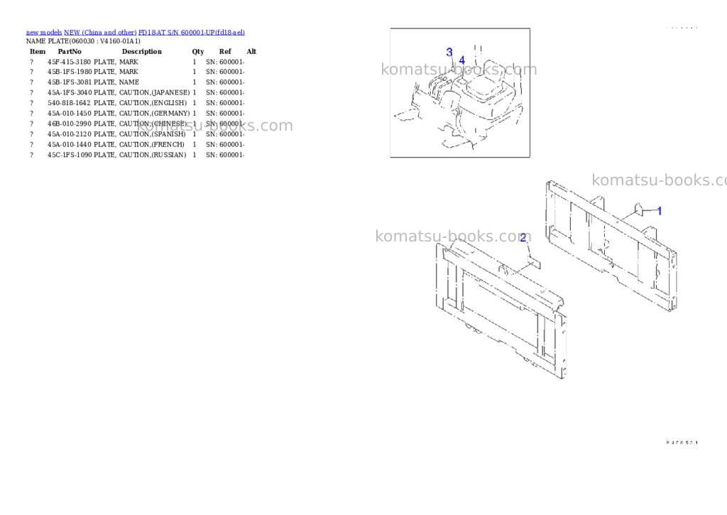 Komatsu FD18-AT S/N 600001-UP Parts catalog cover Page 5 Komatsu FD18-AT S/N 600001-UP Parts catalog cover Page 5
