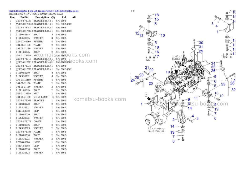 Komatsu FD250-7 S/N 3602-UP Parts catalog cover