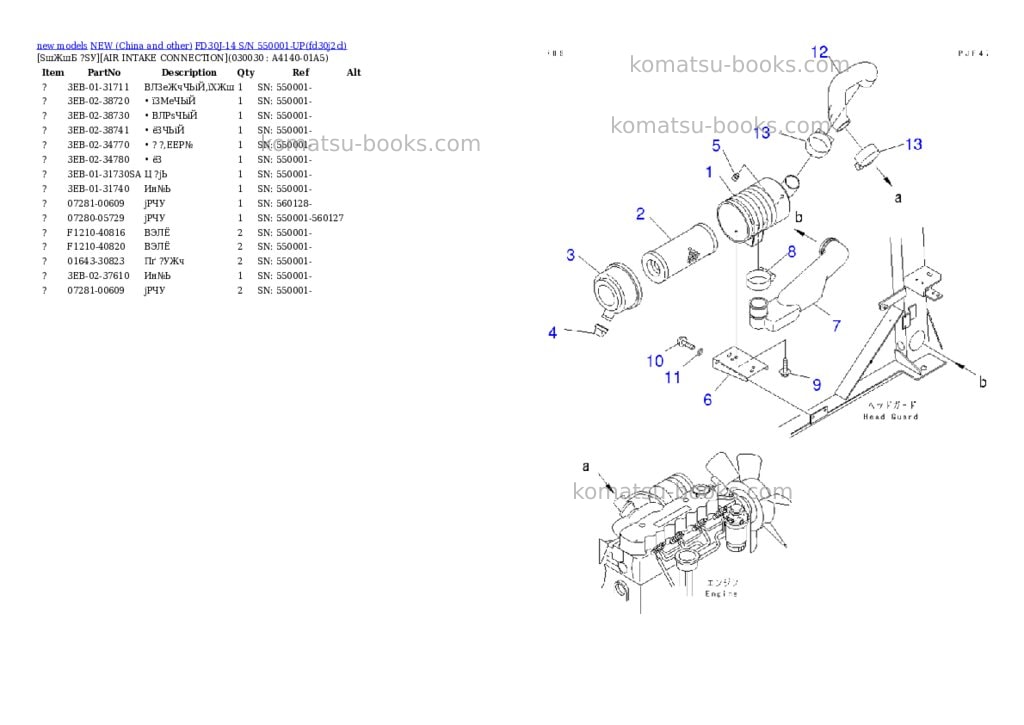 Komatsu fd30j-14 s/n 550001-up Parts catalog cover Page 2 Komatsu fd30j-14 s/n 550001-up Parts catalog cover Page 2