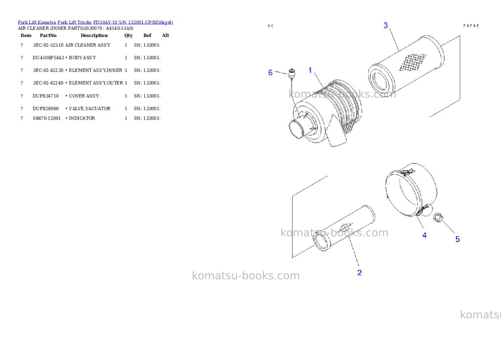 Komatsu fd50ay-10 s/n 133001-up Parts catalog cover Page 6 Komatsu fd50ay-10 s/n 133001-up Parts catalog cover Page 6