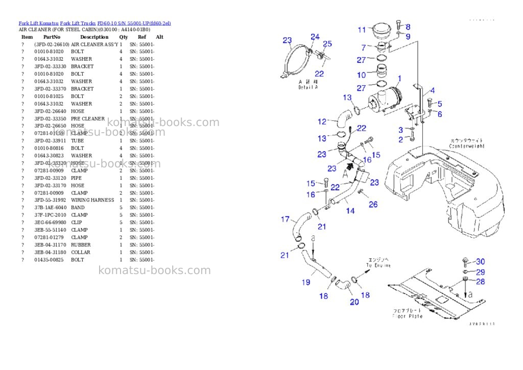 Komatsu FD60-10 S/N 55001-UP Parts catalog cover Page 9 Komatsu FD60-10 S/N 55001-UP Parts catalog cover Page 9