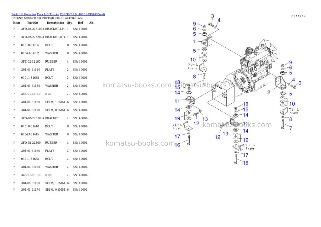 Komatsu fd70e-7 s/n 40001-up Parts catalog cover Komatsu fd70e-7 s/n 40001-up Parts catalog cover