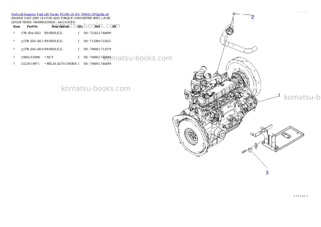Komatsu FG30N-16 S/N 700001-UP Parts catalog cover Page 2 Komatsu FG30N-16 S/N 700001-UP Parts catalog cover Page 2