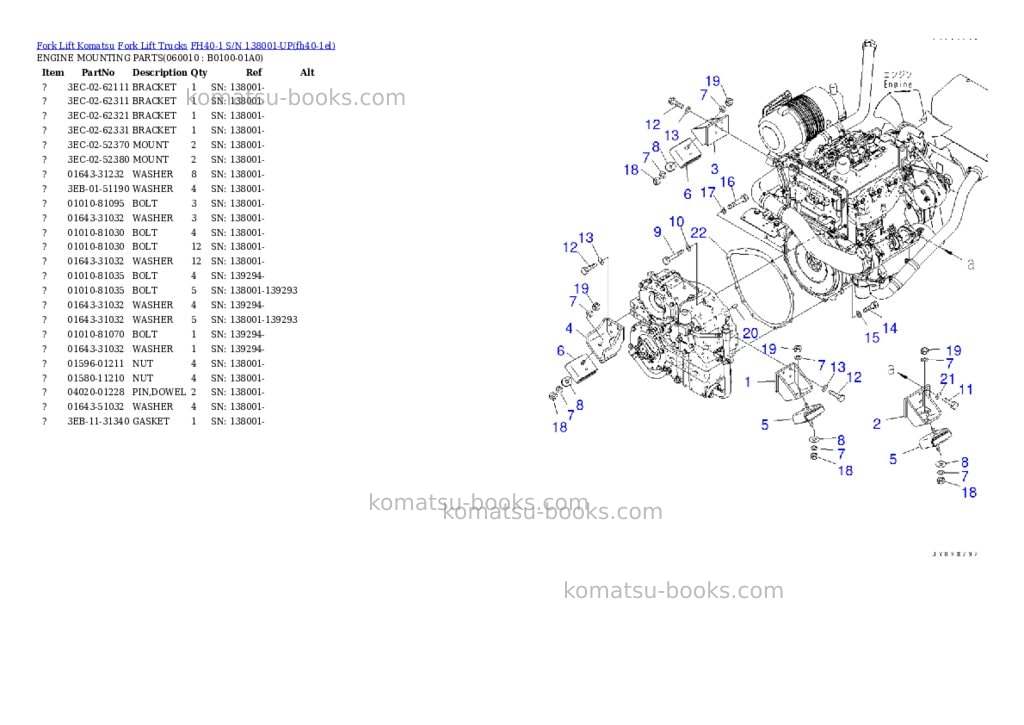 Komatsu FH40-1 S/N 138001-UP Parts catalog cover