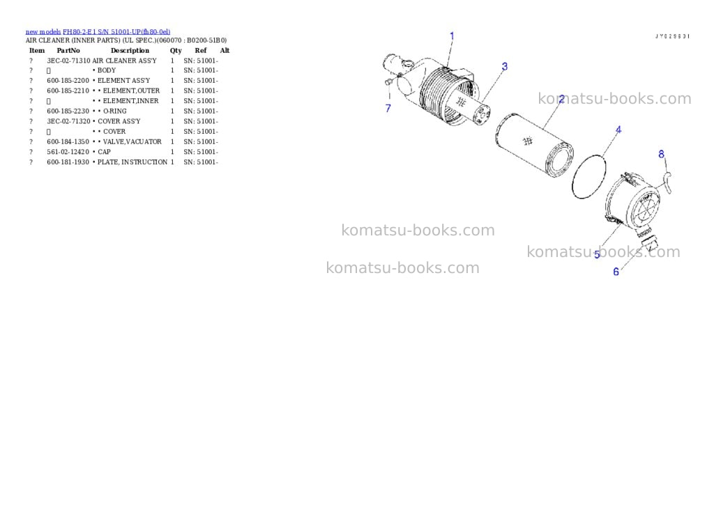 Komatsu FH80-2-E1 S/N 51001-UP Parts catalog cover Page 8