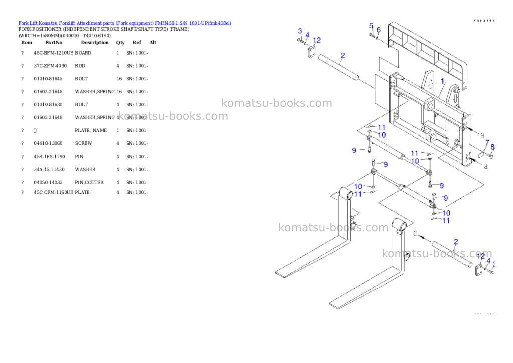Komatsu fmh458-1 s/n 1001-up Parts catalog cover