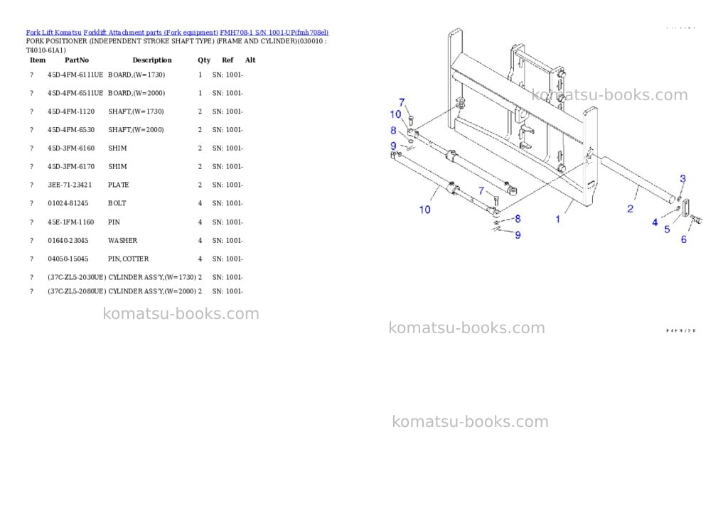 Komatsu fmh708-1 s/n 1001-up Parts catalog cover