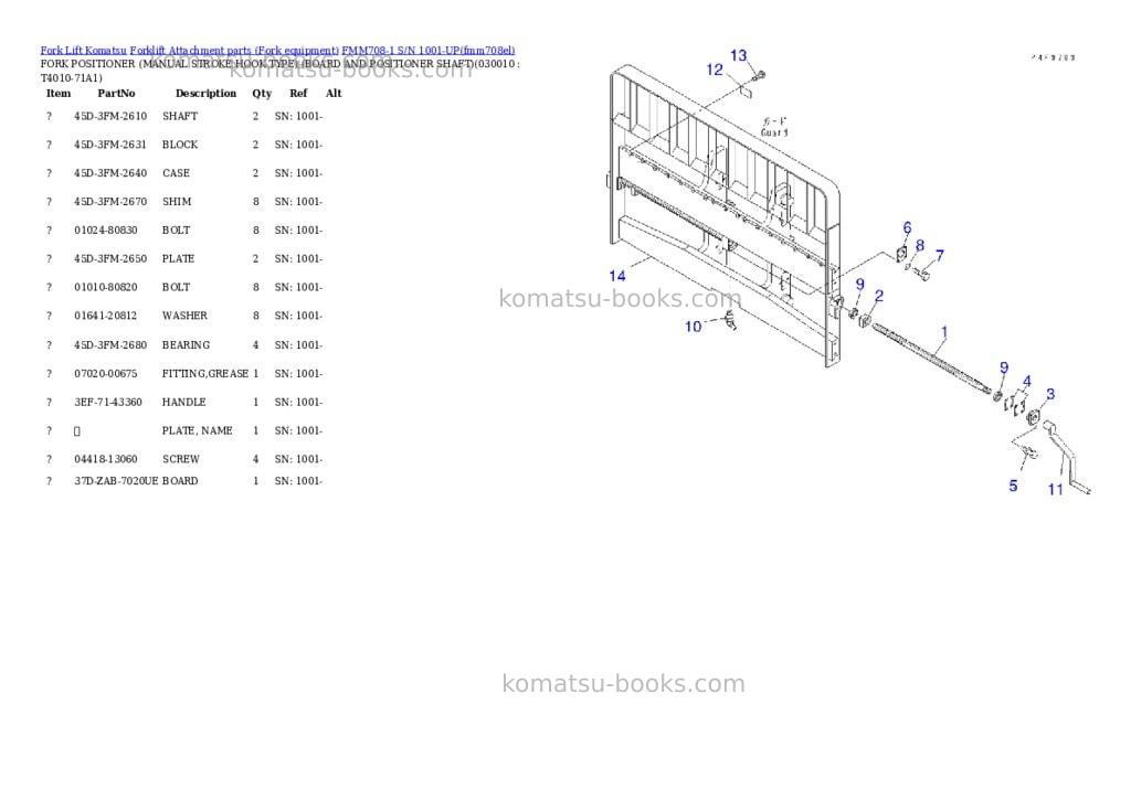 Komatsu fmm708-1 s/n 1001-up Parts catalog cover