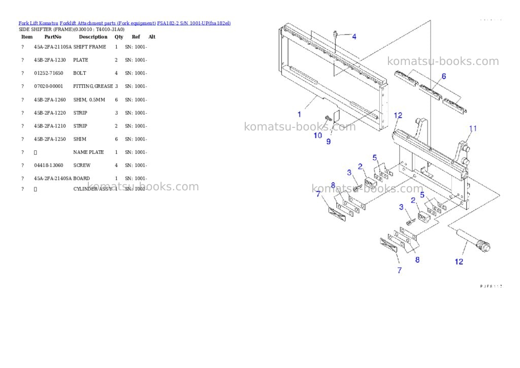 Komatsu fsa182-2 s/n 1001-up Parts catalog cover