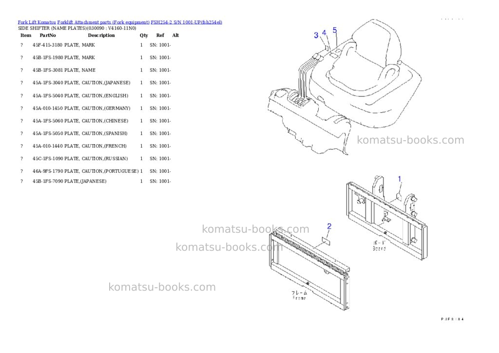 Komatsu fsh254-2 s/n 1001-up Parts catalog cover Page 8