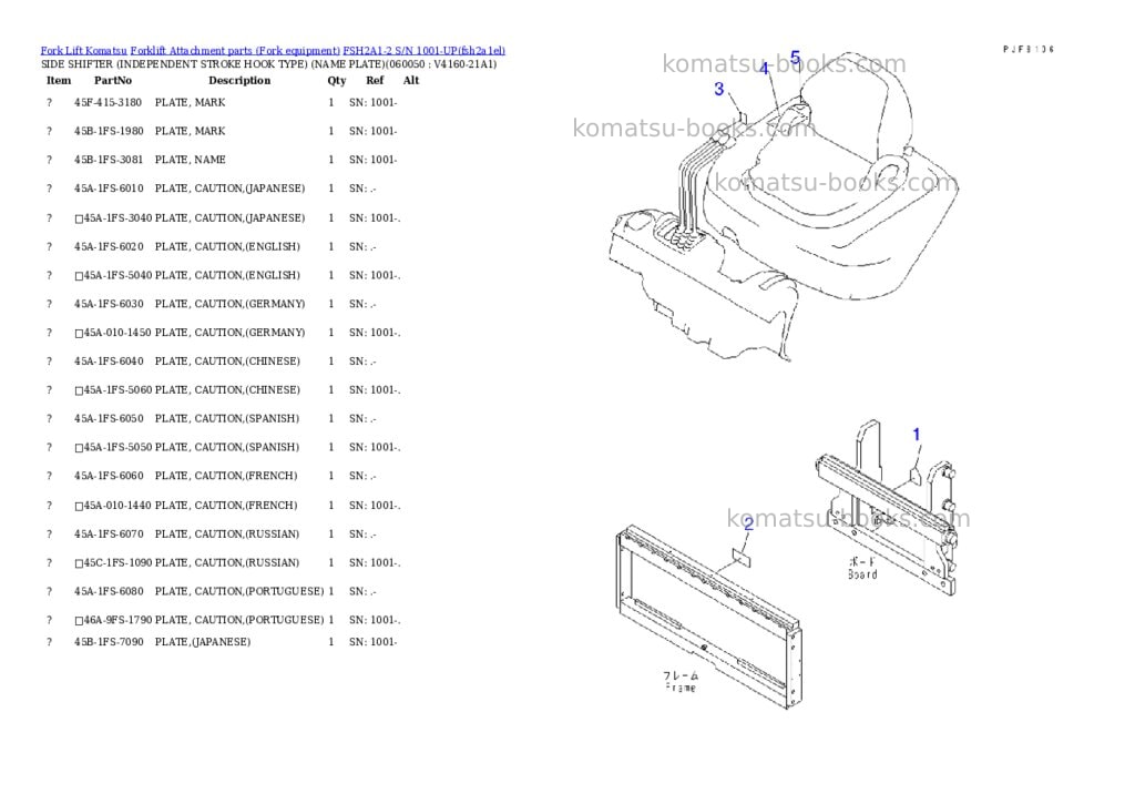 Komatsu fsh2a1-2 s/n 1001-up Parts catalog cover Page 9