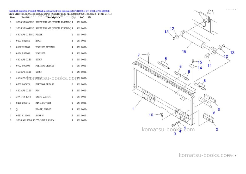 Komatsu fsh409-1 s/n 1001-up Parts catalog cover