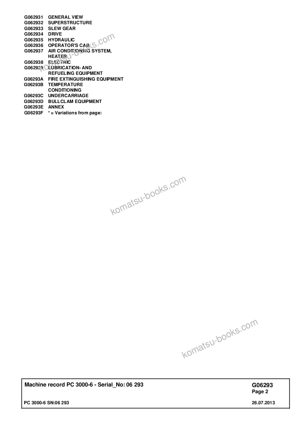 Komatsu pc3000-6 s/n 06293 Parts catalog cover Page 2 Komatsu pc3000-6 s/n 06293 Parts catalog cover Page 2