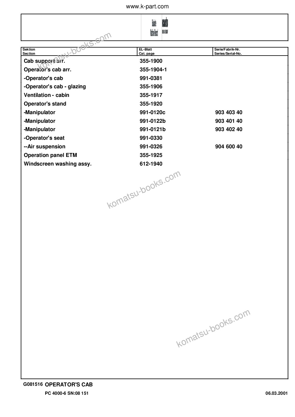 Komatsu pc4000-6 s/n 08151 Parts catalog cover Page 9