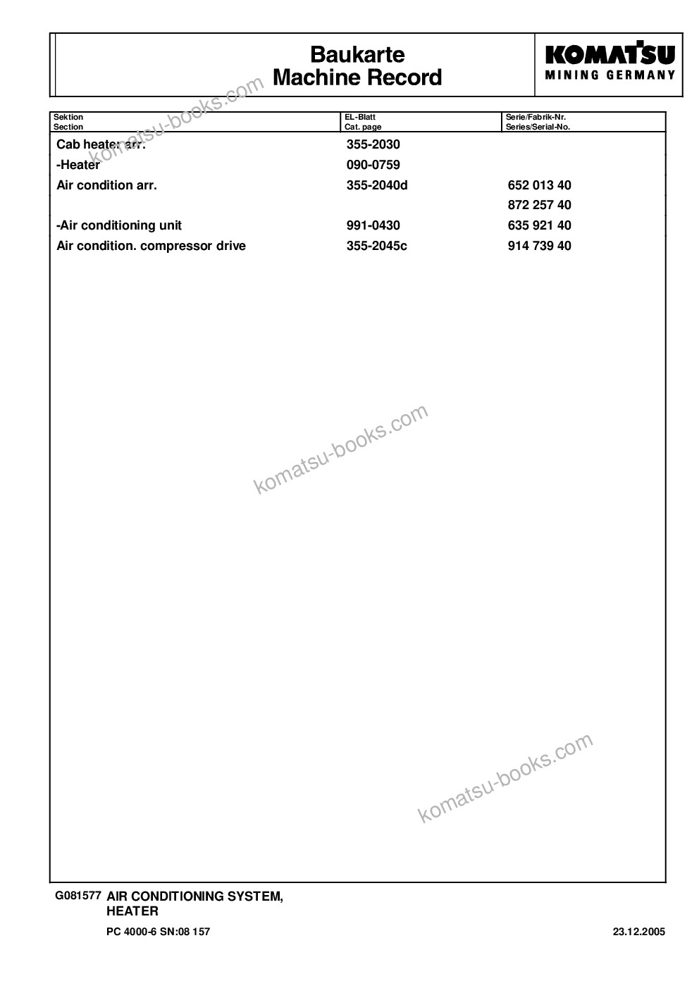 Komatsu pc4000-6 s/n g08170 Parts catalog cover Page 10 Komatsu pc4000-6 s/n g08170 Parts catalog cover Page 10