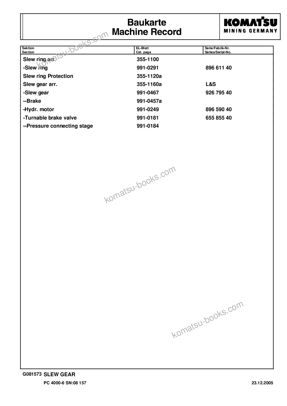 Komatsu pc4000-6 s/n g08170 Parts catalog cover Page 5 Komatsu pc4000-6 s/n g08170 Parts catalog cover Page 5